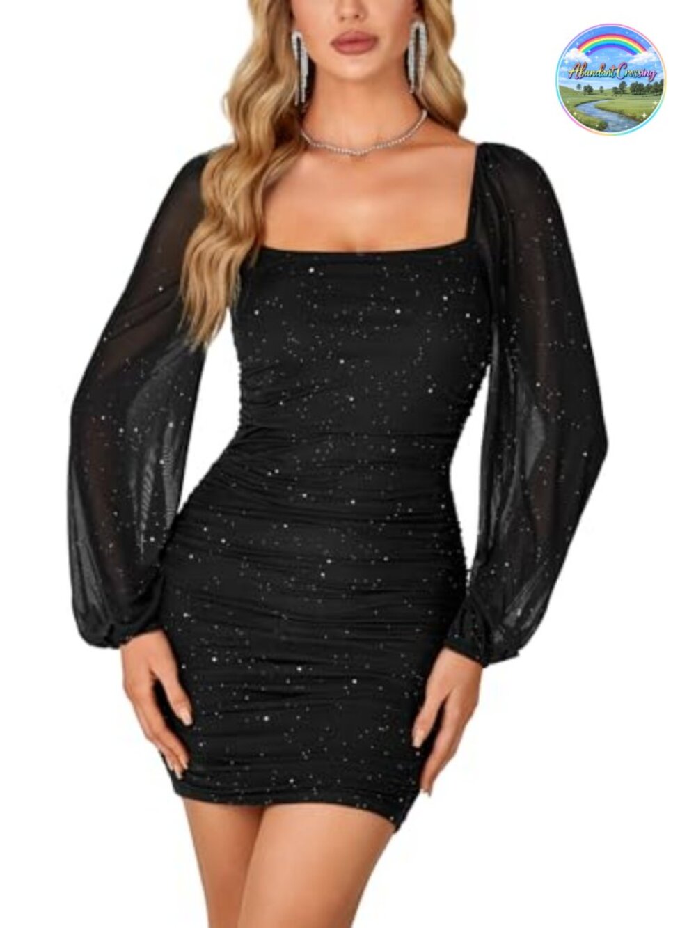 Women's Glitter Mesh Bodycon Mini Dress Square Neck Long Sleeve Club Night Out